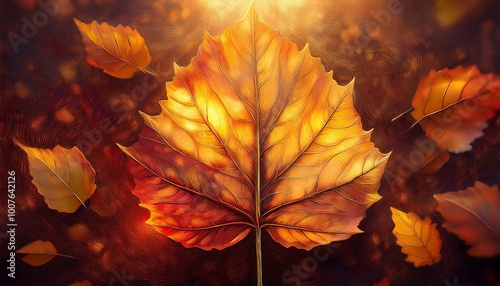 A yellow leaf with prominent texture highlighted by soft sunlight, surrounded by faint and a