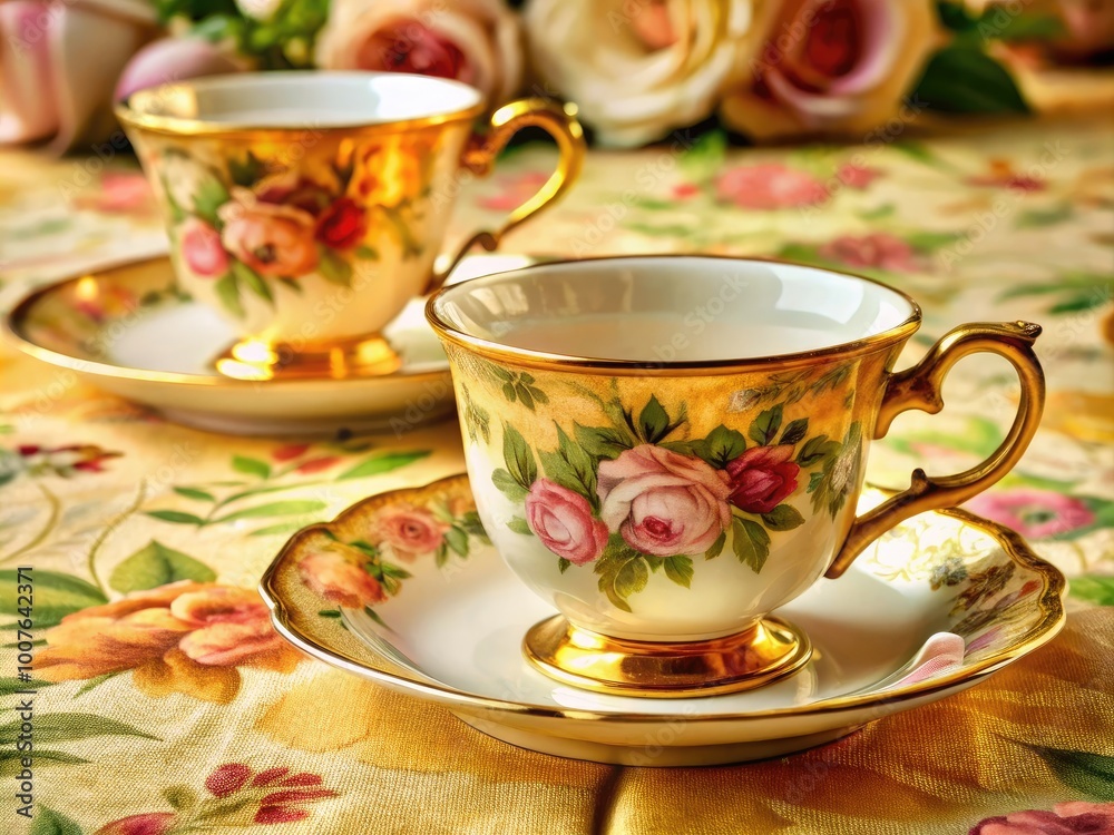 Elegant Gold Teacups Set on Floral Tablecloth Perfect for Afternoon Tea or Decorative Display Elegant Gold Teacups Set on Floral Tablecloth Perfect for Afternoon Tea or Decorative Display