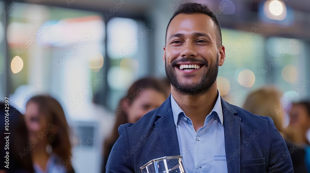 Employee receiving a recognition award at a corporate event, proud expression Employee receiving a recognition award at a corporate event, proud expression
