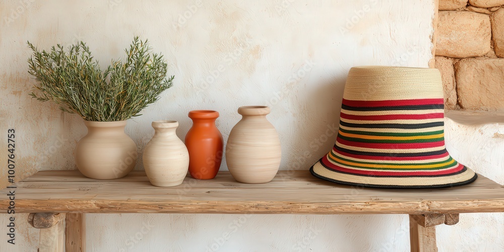Rustic Wooden Table with Ceramic Vases Hat and Greenery for Home Decor Rustic Wooden Table with Ceramic Vases Hat and Greenery for Home Decor