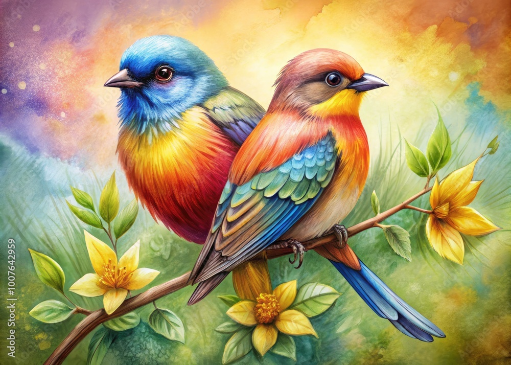 Obraz premium Elegant Hand-Drawn Illustration of Two Birds in Vibrant Colors Against a Soft Background
