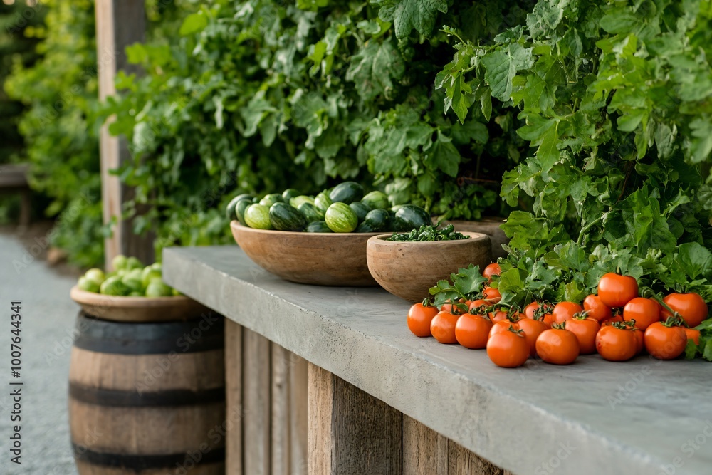 Outdoor Kitchen Setup with Freshly Harvested Organic Vegetables - Emphasizing the Farm-to-Fork Concept Outdoor Kitchen Setup with Freshly Harvested Organic Vegetables - Emphasizing the Farm-to-Fork Concept