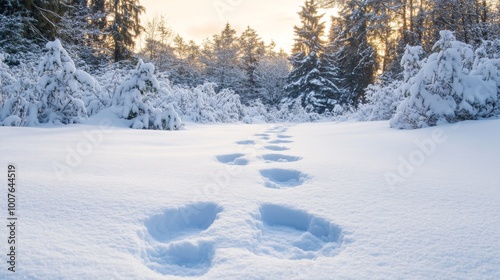 Footprints in the Snow Leading Through a Snowy Forest at Sunset