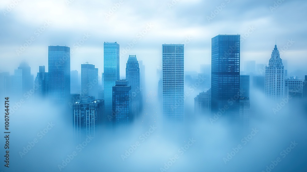 Misty cityscape with skyscrapers and fog. Misty cityscape with skyscrapers and fog.