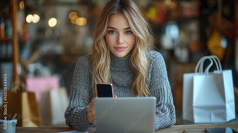 Young woman working on laptop in cozy café setting Young woman working on laptop in cozy café setting
