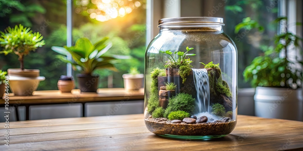 A Miniature Waterfall Oasis in a Glass Jar, a Tranquil World Captured in Glass, a Charming Display of Nature's Beauty A Miniature Waterfall Oasis in a Glass Jar, a Tranquil World Captured in Glass, a Charming Display of Nature's Beauty