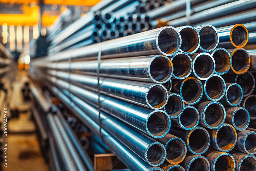 High quality steel pipe or aluminum in stack waiting for shipment in warehouse, Steel industry.