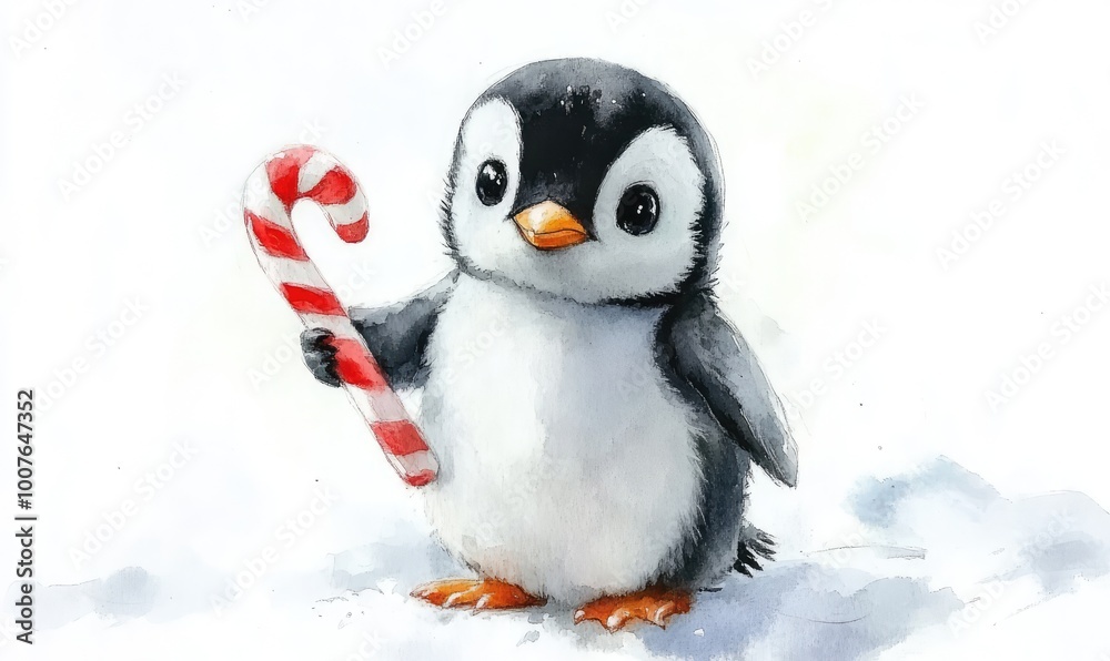 Penguin with Candy Cane in Watercolor Style