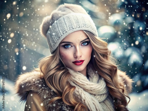 Elegant Woman Portrait in Snowy Winter Fashion with a Soft Smile and Stylish Accessories Outdoors