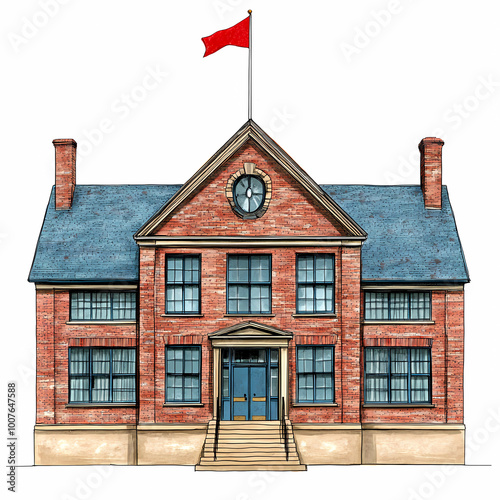 A school building with red brick walls, two floors, and blue doors on the first floor, with a clock at its center, set against an isolated white background.