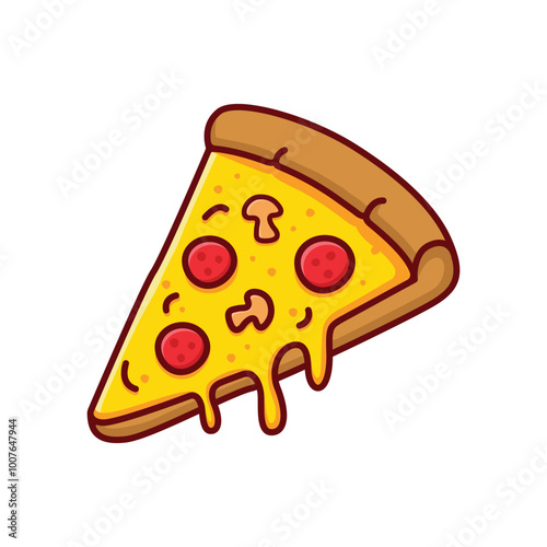 Slice of pizza with sausage and mushroom toppings and melted cheese, flat cartoon style. vector illustration icon.