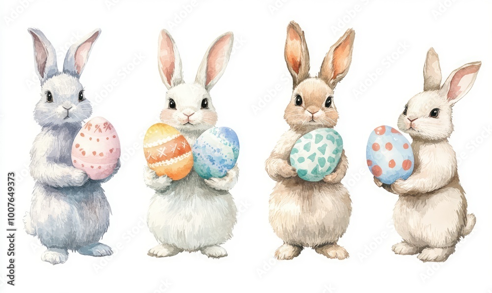 Obraz premium Fluffy Bunnies Holding Colorful Easter Eggs