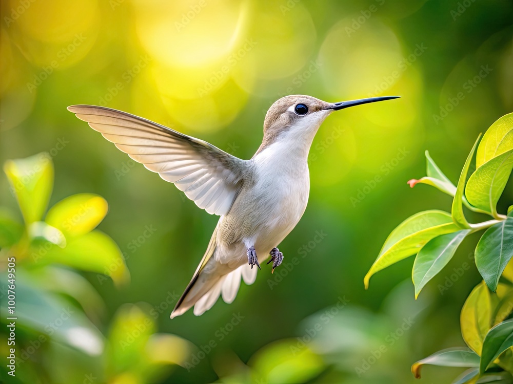 Naklejka premium Ethereal White Hummingbird in Flight Against a Soft Focused Background of Green Leaves and Nature
