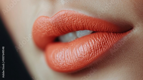 Close-up of a person's lips with orange lipstick photo