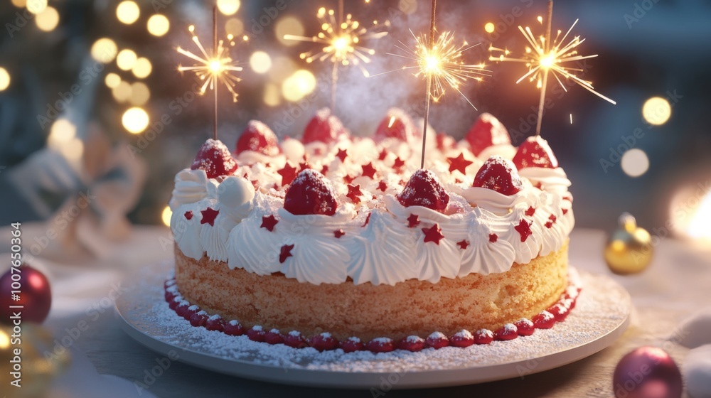 Festive Strawberry Cake with Sparklers and Powdered Sugar Festive Strawberry Cake with Sparklers and Powdered Sugar