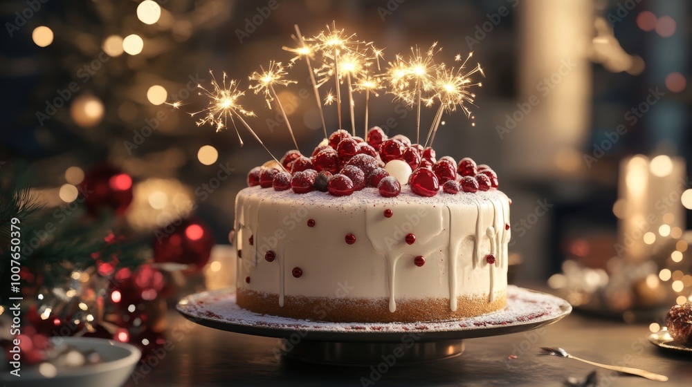 Festive White Cake Topped with Red Berries and Sparkler Candles Festive White Cake Topped with Red Berries and Sparkler Candles