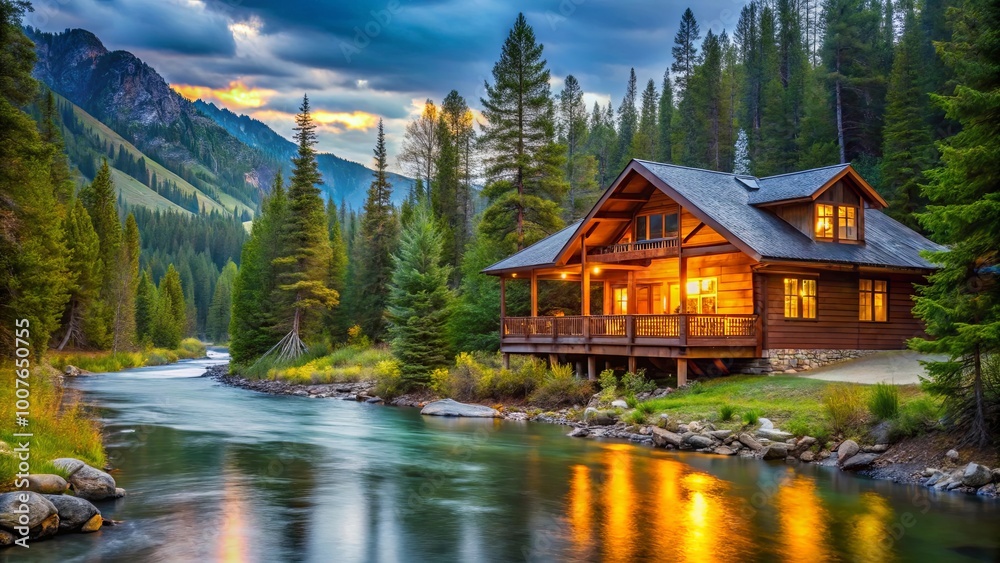 A Rustic Cabin Nestled in a Tranquil Forest by a Serene River, Bathed in the Warm Glow of Sunset A Rustic Cabin Nestled in a Tranquil Forest by a Serene River, Bathed in the Warm Glow of Sunset