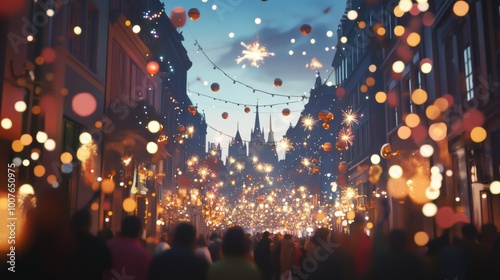 Festive City Street Filled with Sparkles and Blurred Lights