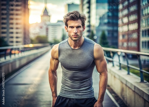 Fit young man preparing for a morning jog in an urban environment with a determined expression