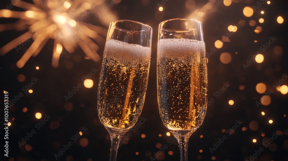 Two Champagne Flutes with Sparkling Bubbles and Bokeh Lights Two Champagne Flutes with Sparkling Bubbles and Bokeh Lights