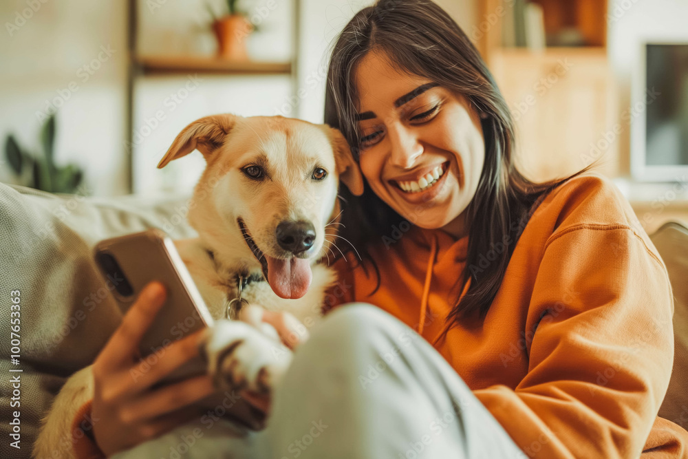 Joyful young hispanic woman sitting on sofa with her beloved dog, capturing a lively portrait on her smartphone, soaking up happiness in her cozy indoor living room at home Joyful young hispanic woman sitting on sofa with her beloved dog, capturing a lively portrait on her smartphone, soaking up happiness in her cozy indoor living room at home
