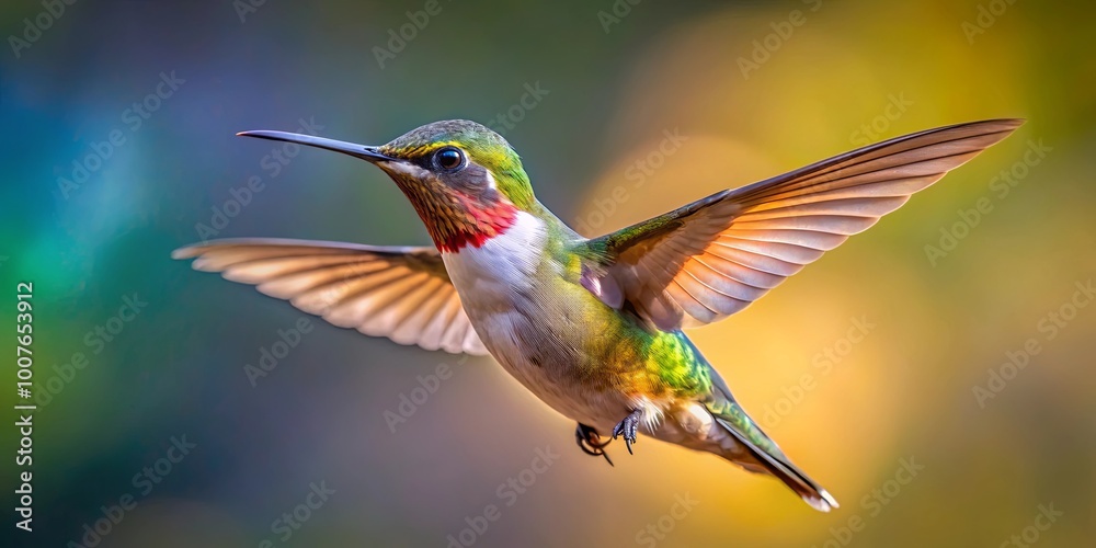 Fototapeta premium A vibrant hummingbird in mid-flight, its iridescent feathers catching the sunlight, showcasing the delicate beauty and swiftness of nature's smallest bird.