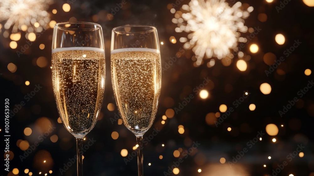 Two Champagne Flutes with Sparkling Wine and Festive Lights in the Background
