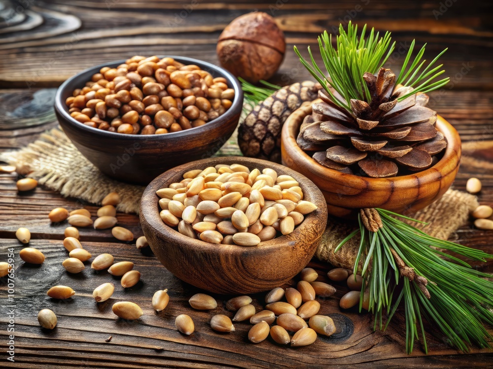 Obraz premium Freshly Harvested Pine Nuts with Shells and Opened Seeds on Rustic Wooden Background for Cooking