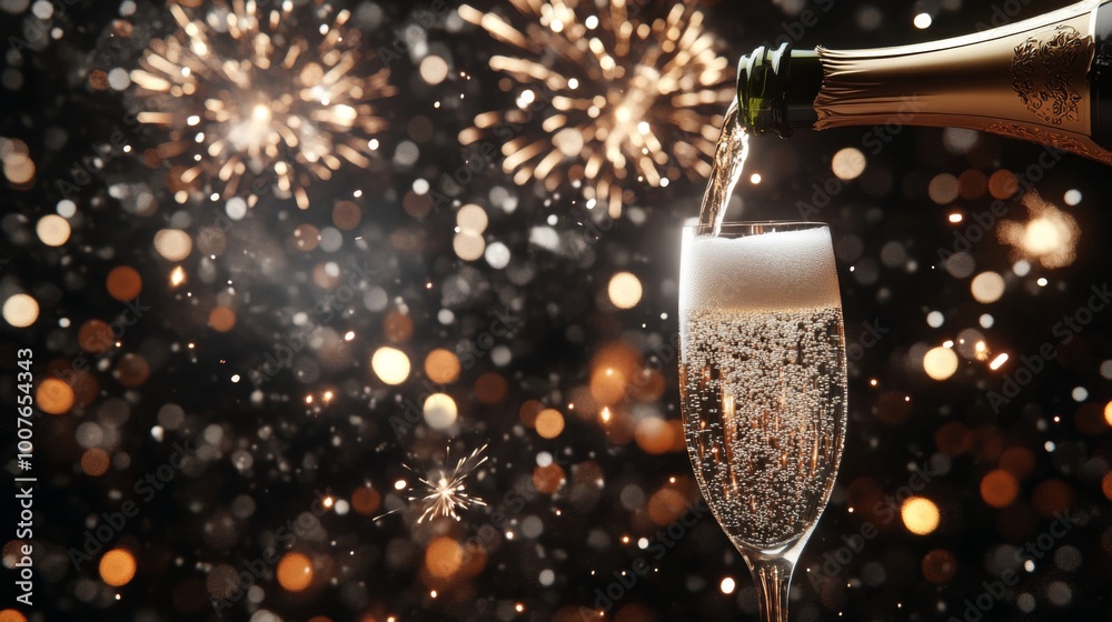 Champagne Pouring into a Glass with Fireworks in the Background Champagne Pouring into a Glass with Fireworks in the Background