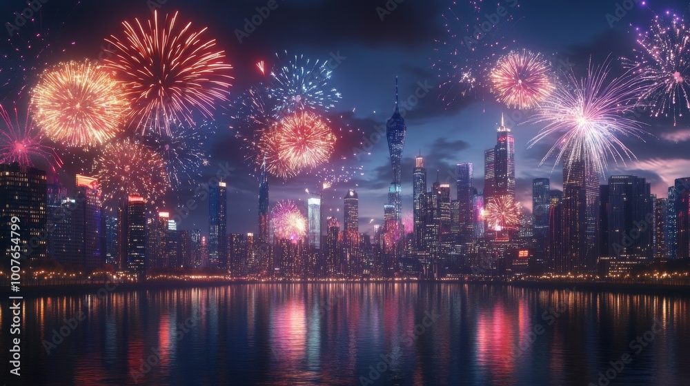 Fireworks Display Over a City Skyline at Night Fireworks Display Over a City Skyline at Night