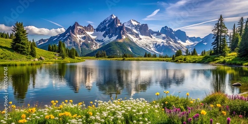 A tranquil mountain lake with its surface reflecting the sky and snow-capped peaks, bordered by a lush meadow bursting with colorful wildflowers.