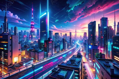 Futuristic cityscape with neon lights, advanced technology, and vibrant atmosphere in anime style