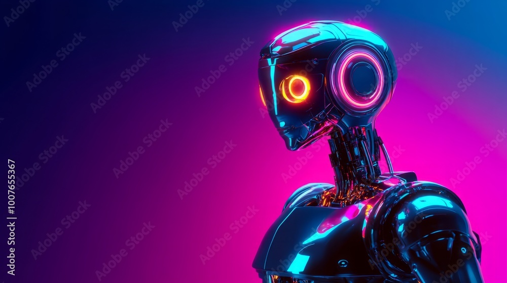 A futuristic robot adorned with vibrant neon lights set against a gradient background, embodying cutting-edge technology and innovation. This glowing robot features a sleek design A futuristic robot adorned with vibrant neon lights set against a gradient background, embodying cutting-edge technology and innovation. This glowing robot features a sleek design