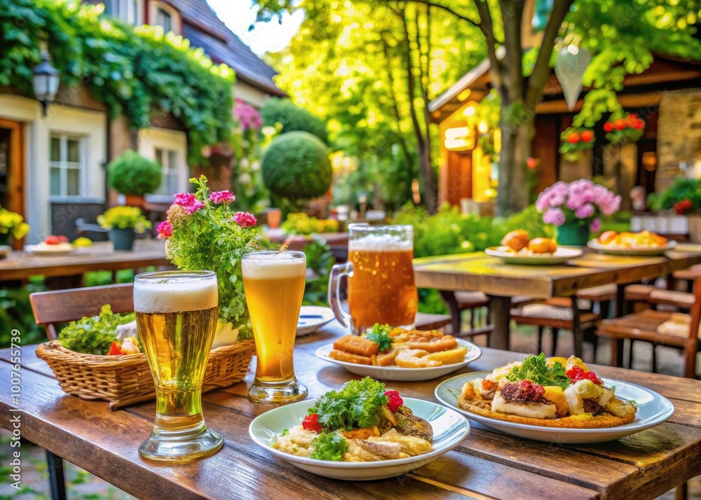 Gemütlicher Biergarten mit einer Auswahl an erfrischenden Getränken und leckeren Speisen im Angebot Gemütlicher Biergarten mit einer Auswahl an erfrischenden Getränken und leckeren Speisen im Angebot