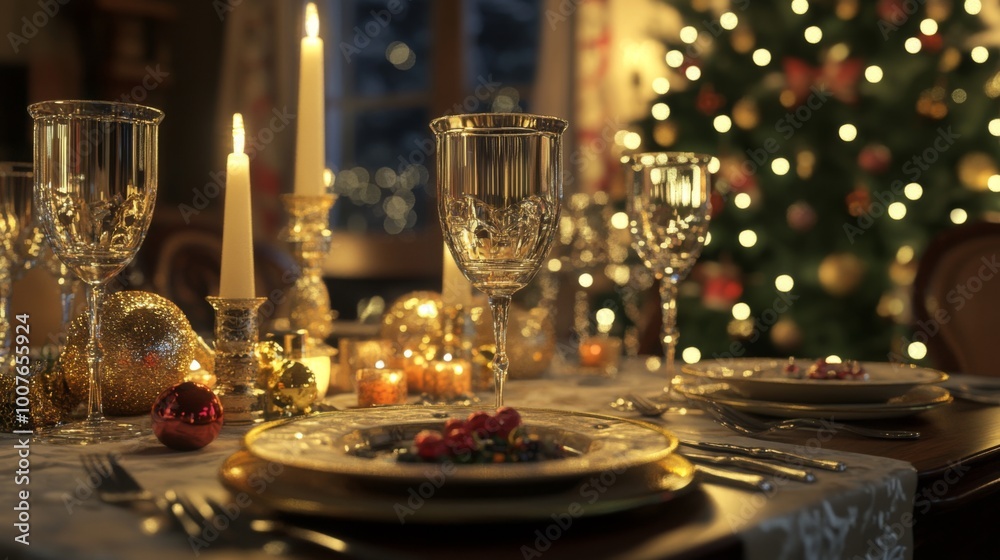 A Festive Table Setting with Candles, Wine Glasses, and Christmas Ornaments A Festive Table Setting with Candles, Wine Glasses, and Christmas Ornaments