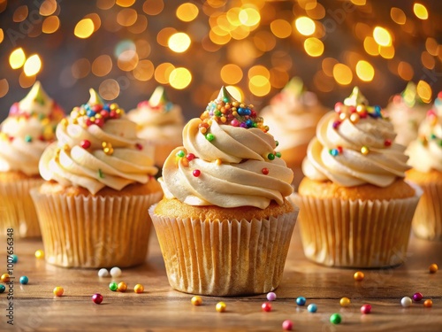 Golden Birthday Cupcakes with Sparkling Frosting and Colorful Sprinkles on a Festive Table Setting