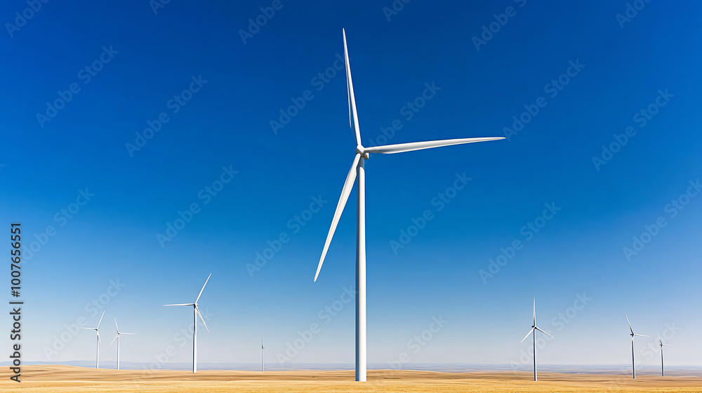 Panoramic View of Large Wind Turbines Against Blue Sky Panoramic View of Large Wind Turbines Against Blue Sky