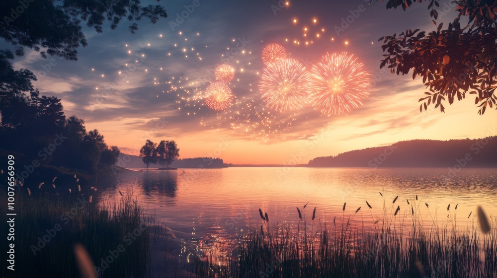 Obraz premium Festive Firework Display Over a Serene Lake at Sunset