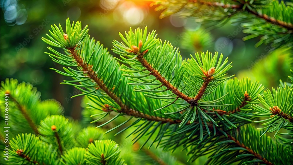 Sunlight Illuminates the Delicate Emerald Green Needles of a Coniferous Branch, Displaying the Intricate Detail of Nature's Design Sunlight Illuminates the Delicate Emerald Green Needles of a Coniferous Branch, Displaying the Intricate Detail of Nature's Design
