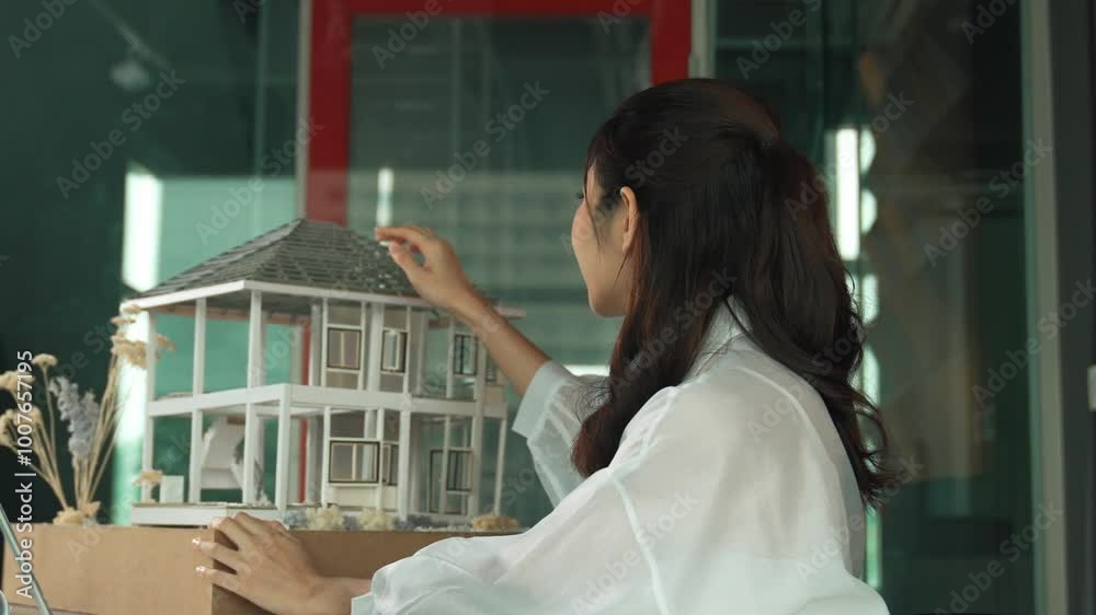 Portrait of young beautiful architect engineer checking roof material and using laptop with project plan and house model placed on table at office. Creative business design concept. Manipulator. Portrait of young beautiful architect engineer checking roof material and using laptop with project plan and house model placed on table at office. Creative business design concept. Manipulator.