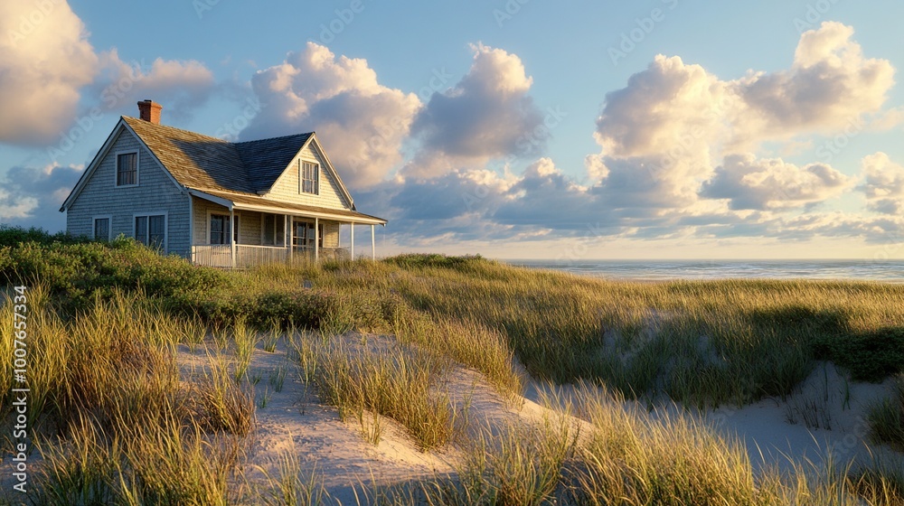 Serene beach house amidst grassy dunes.