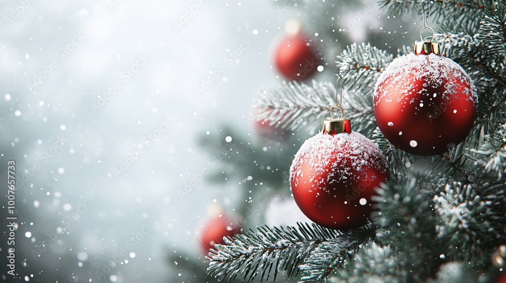 Red Christmas Ornaments on a Snow-Covered Evergreen Tree Branch Red Christmas Ornaments on a Snow-Covered Evergreen Tree Branch