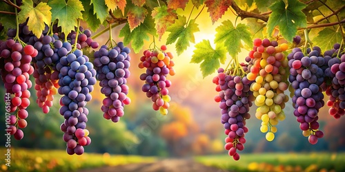 A symphony of vibrant hues adorns the clusters of grapes hanging from the vine, each berry a miniature masterpiece of nature's artistry, bathed in the warm glow of the setting sun.