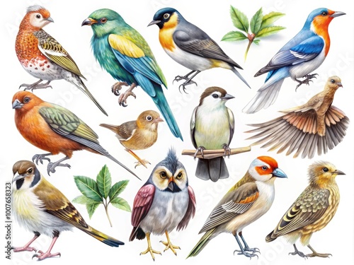 Hand-drawn bird sketches featuring various species in a natural, artistic style for illustration use