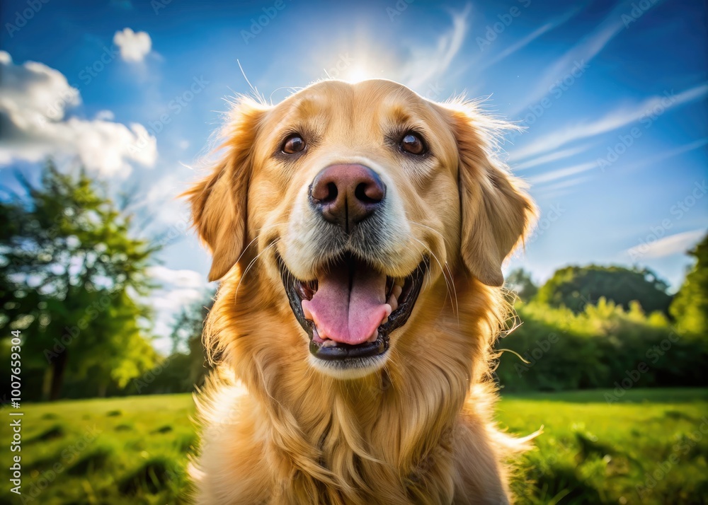 Happy golden retriever with a big smile capturing joy and playfulness in a sunny outdoor setting Happy golden retriever with a big smile capturing joy and playfulness in a sunny outdoor setting