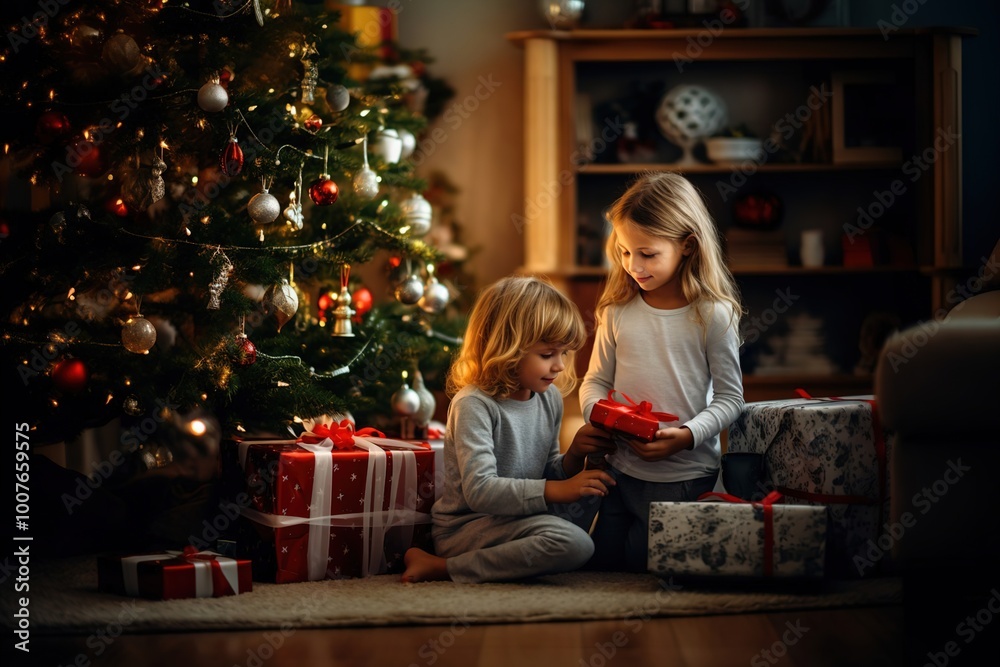 Cute happy kids unwrapping Christmas gift boxes in a beautiful room. Children give Christmas gifts near the decorated Christmas tree and fireplace. A family holiday. Christmas holidays. Cute happy kids unwrapping Christmas gift boxes in a beautiful room. Children give Christmas gifts near the decorated Christmas tree and fireplace. A family holiday. Christmas holidays.
