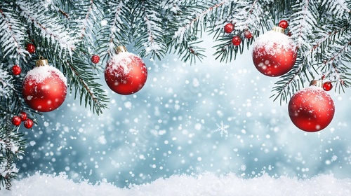 Red Christmas Ornaments Hanging on a Snow-Covered Pine Branch