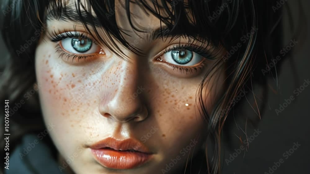 A woman with blue eyes and freckles stares directly at the camera A woman with blue eyes and freckles stares directly at the camera