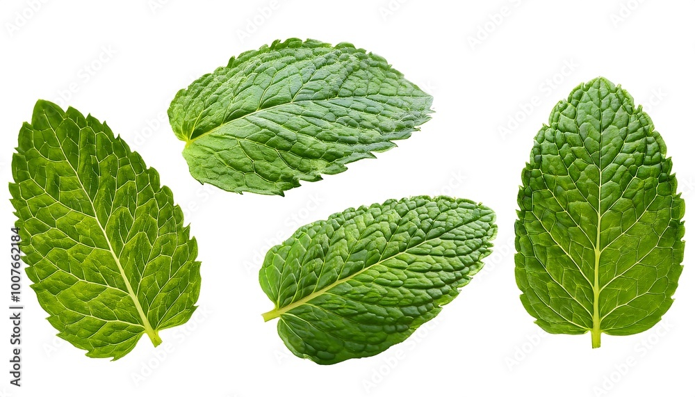 Botanical illustration showcasing a variety of mint leaves in different shapes and stages of development. Generative AI
