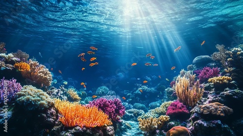 Underwater Coral Reef Scene with Fish and Sunbeams